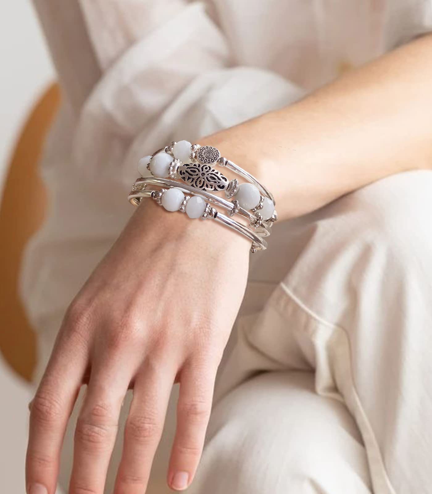 FULU AUTUMN Stackable Beaded Bracelets for Women Boho Wrap Silver Bracelet Layered Fashion Jewelry Gifts for Her(Porcelain White)