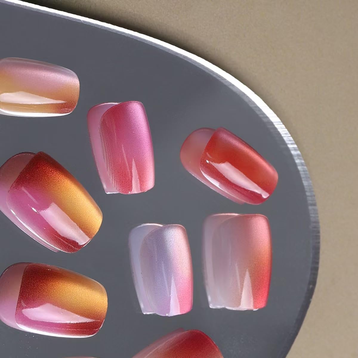 Cat Eye Press on Nails Short Square Fake Nails Rainbow Candy Acrylic Nails Cute Pink Gradient False Nails Press ons Glossy Shiny Glue on Nail for Women Girls Manicure Deco