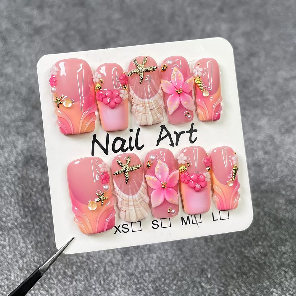 Handmade Press on Nails Medium Square Fake Nails Pink French Tip with 3D Flower Designs Beach luxury Glossy Cute Acrylic Nails for Women 10pcs (Size M）