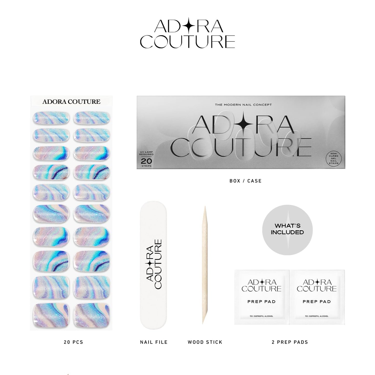 Adora Couture Semi Cured Gel Nail Strips with 20 Pieces - UV Gel Stickers, Manicure Kit, Easy Application Wraps Includes Prep Pads, Nail File, Wooden Stick - UV Light Required (Blue Sea)