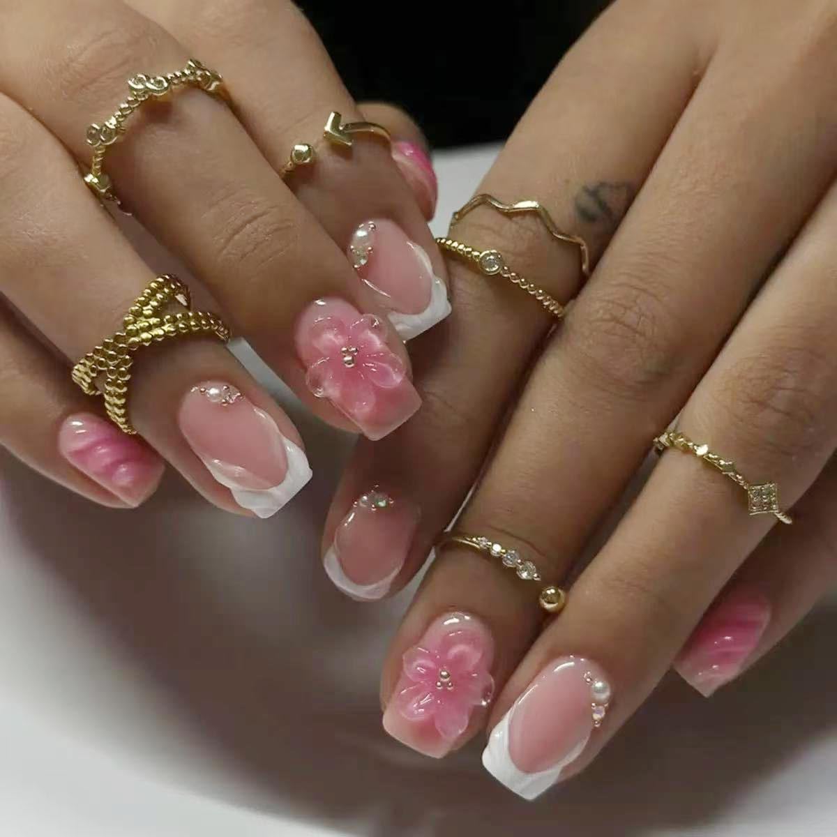 Medium Press on Nails Square White French Tip Fake Nails with 3D Flower Shell Rhinestone Pearl Design Full Cover Spring Stick on False Nails for Women 24 Pcs