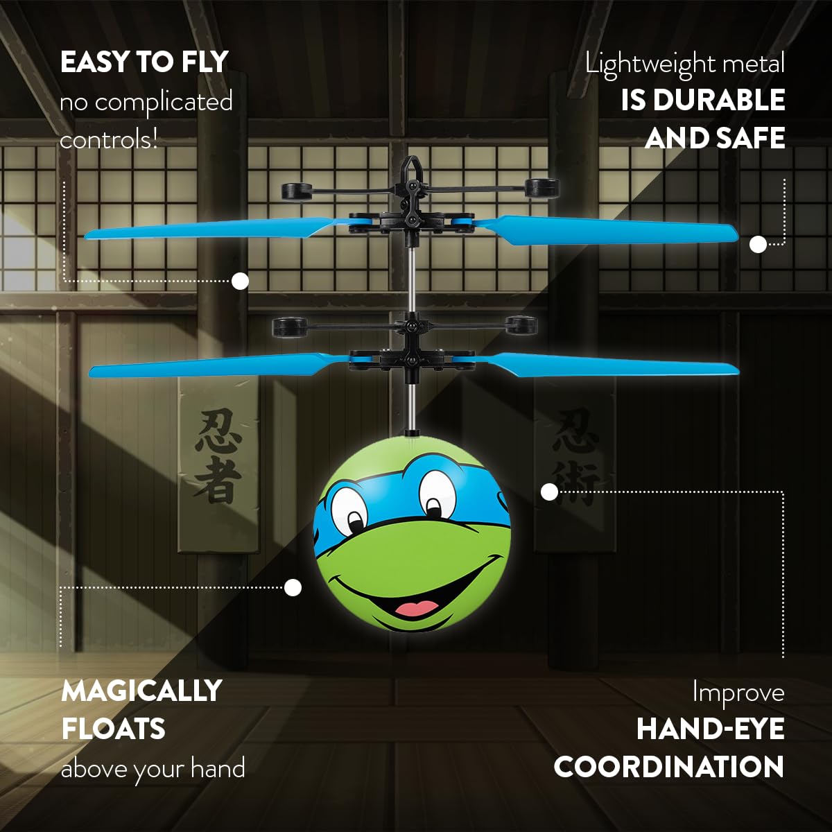 World Tech Toys Ninja Turtles Leonardo Flying Toy – Motion Sensing Flying Ball with USB Charging - TMNT Licensed - Indoor/Outdoor Drone for Kids Ages 6+