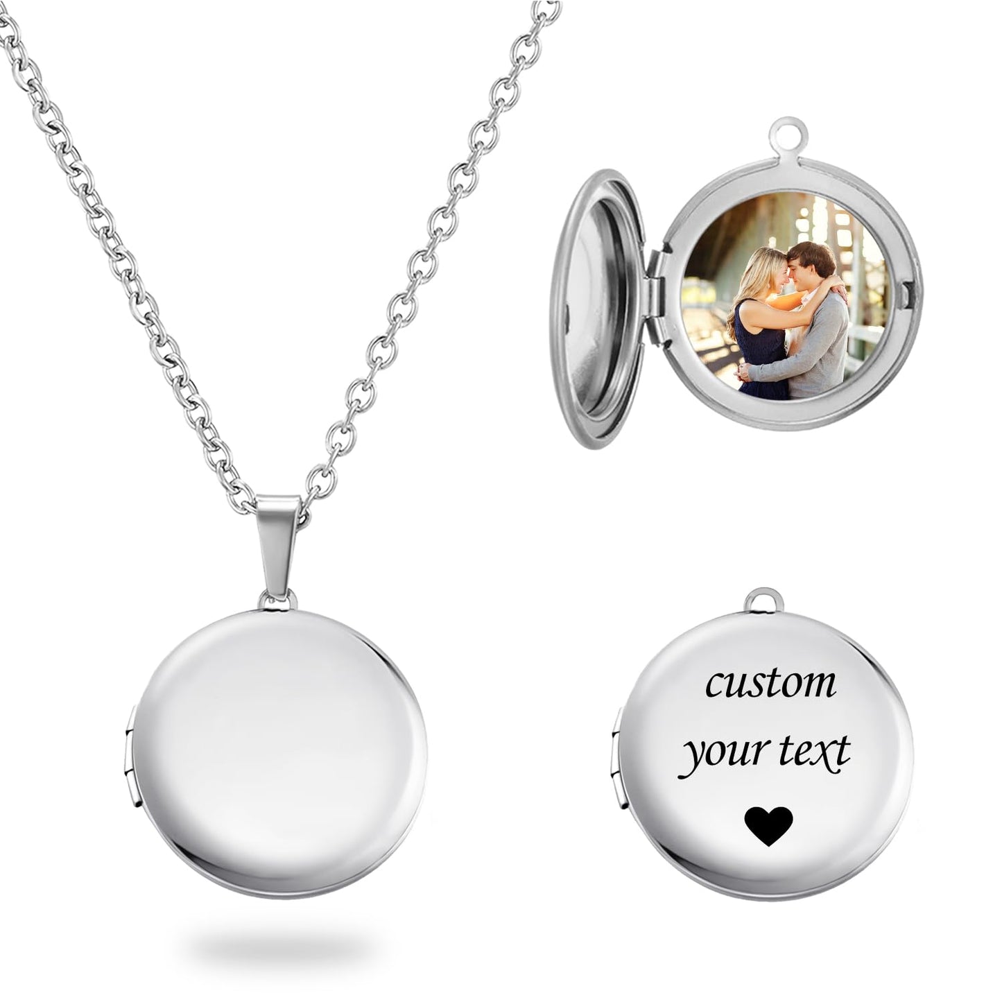 PHOCKSIN Silver Glossy Personalized Round Locket Necklace Custom Photo Locket Necklace for Women Picture Locket Pendant Necklace Text Engraved Customized Lockets Gifts for Mom Daughter