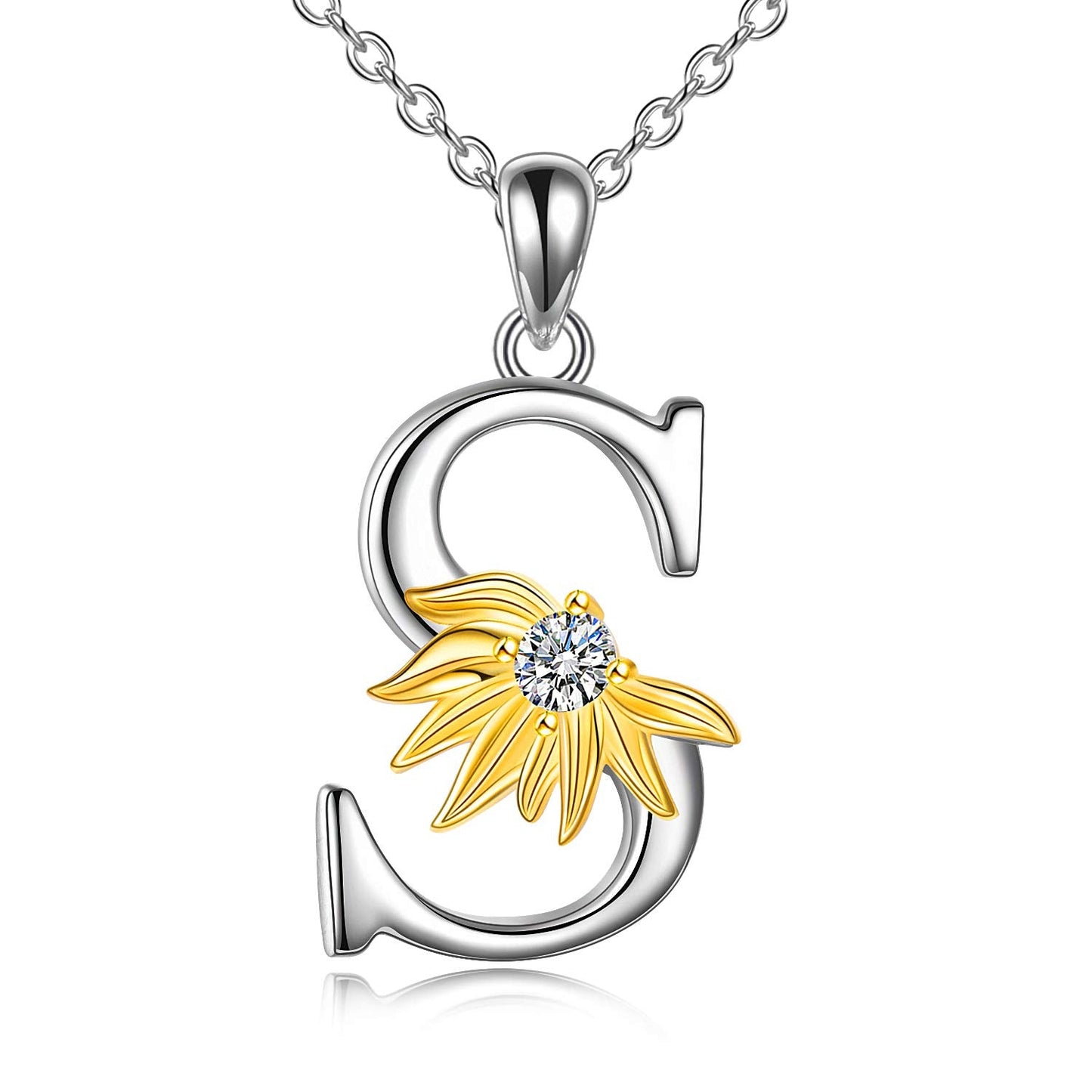 POPLYKE Sterling Silver Initial Alphabet Letter S Script Name Pendant Chain Necklace for Women for (Sunflower S)