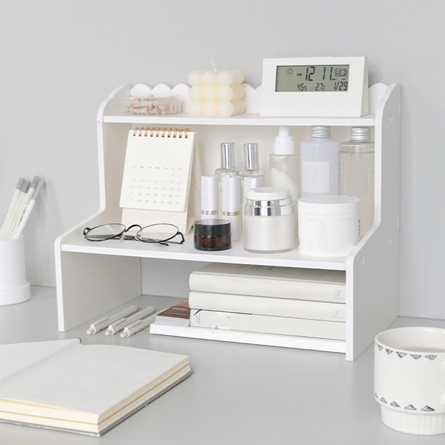 BTSEURY Desktop Wood Display Shelf, Wood Desktop Storage Rack, Desk Multi Layer Storage Rack Mini Bookshelf Cosmetics Organizer (M(315 X 180mm / 12.4 X 7.09in))