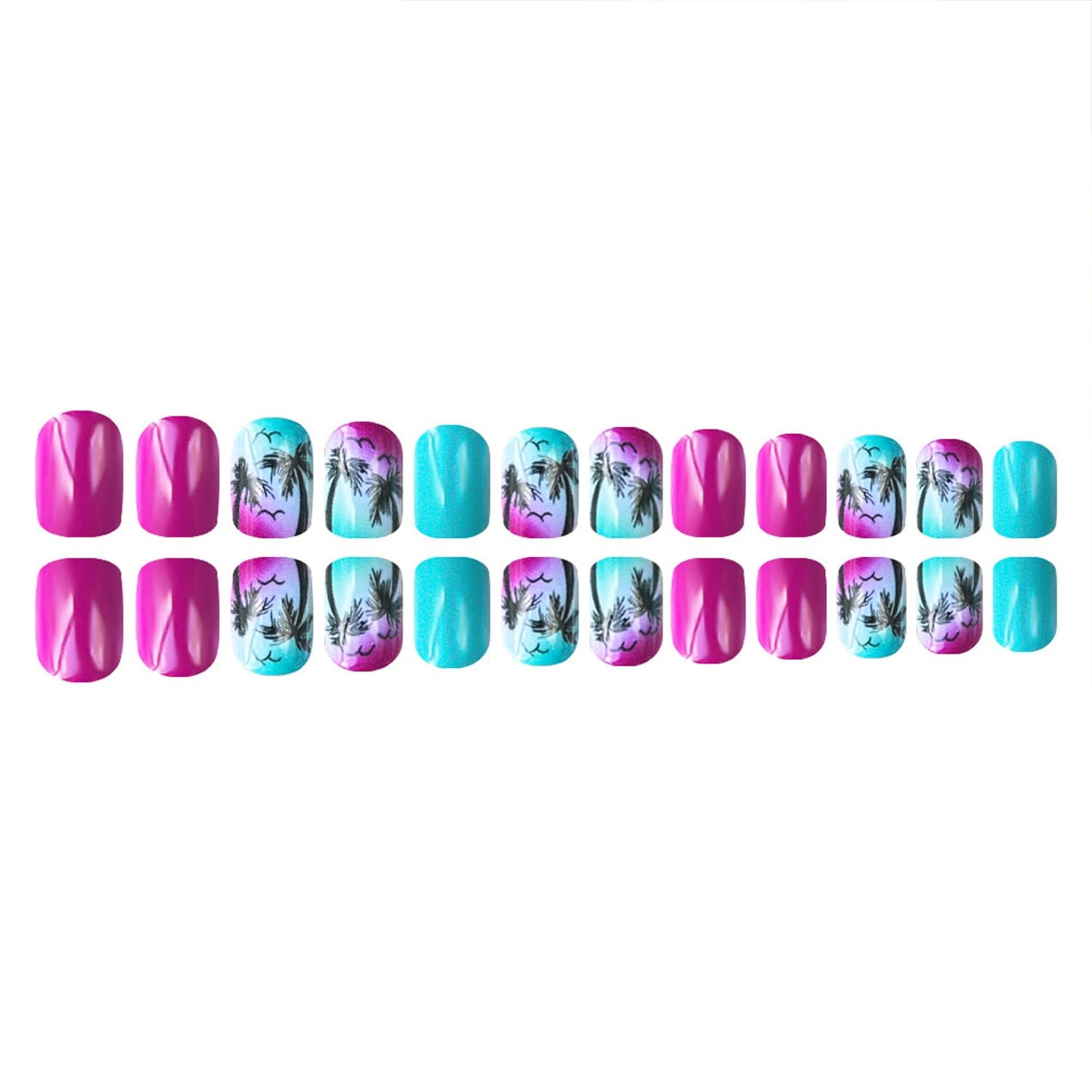 Short Square Press on Nails Spring Summer Fake Nails with Tropical Palm Tree Gradient Designs Full Cover Stick on False Nail Set for Women 24 Pcs