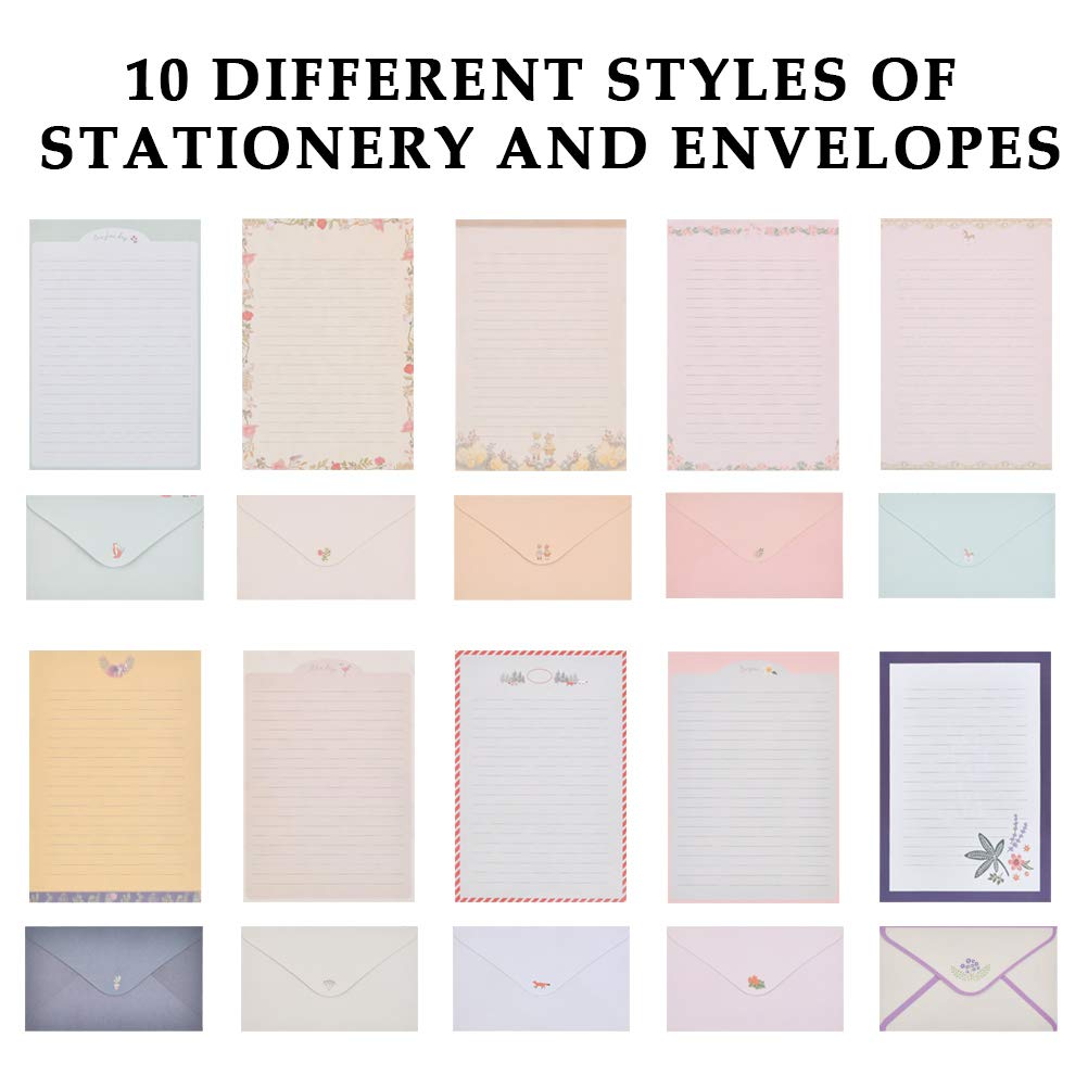 Stationery Letter Paper and Envelopes Set, 60 Sheets Cute Letter Writing Paper & 30 Lovely Envelopes, 10 Different Flora and Fauna Printed Design, Double-sided Printing, A5 Size