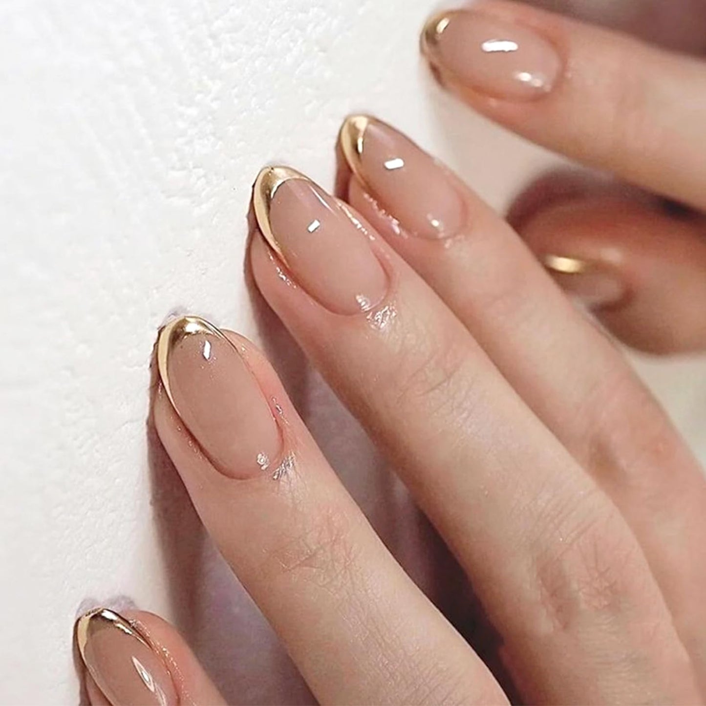 French Press on Nails Almond Fake Nails with Designs Glitter Gold Stick on Nail Cute Medium Acrylic False Nail Nude Pink Artificial Nail Press ons Glossy Full Cover Glue on Nails for Women