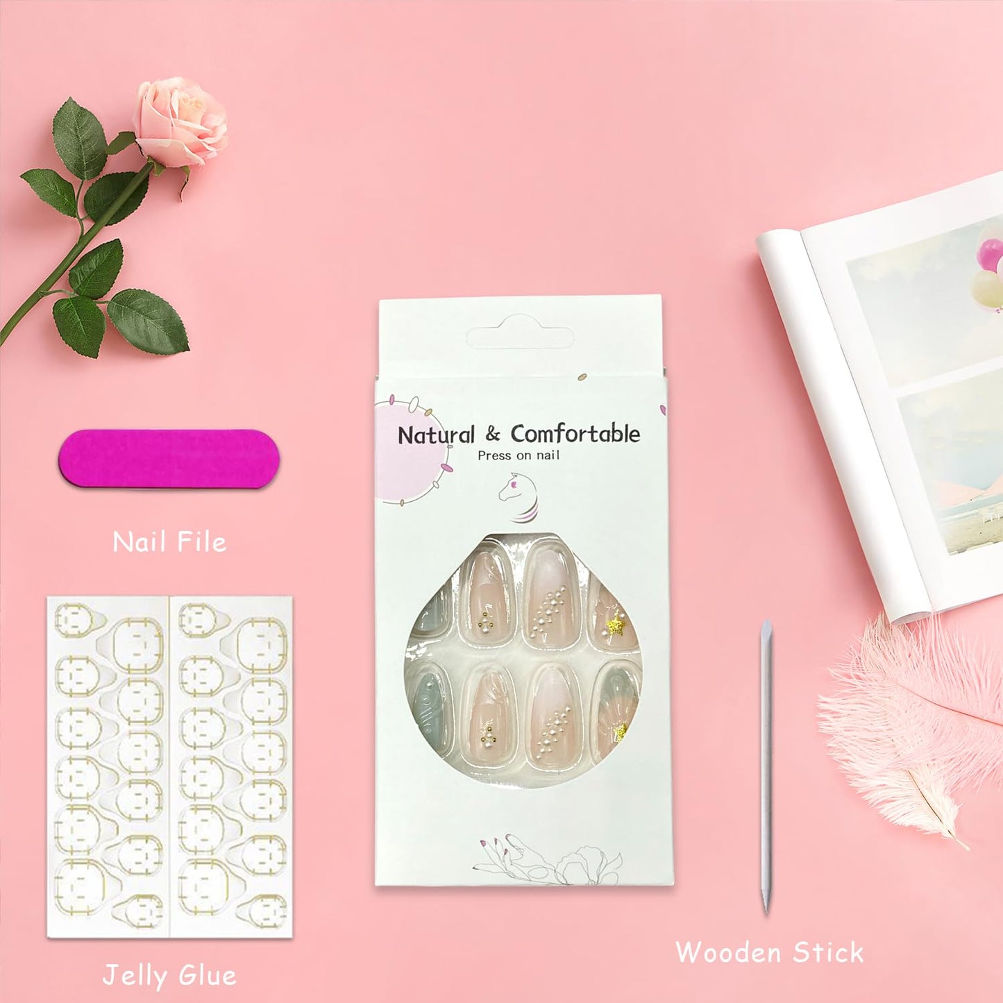 3D Star Pearl Press on Nails with French Tip False Nails Long Almond Artificial Glue on Nail Glossy Reusable Acrylic Stick on Nail for Women