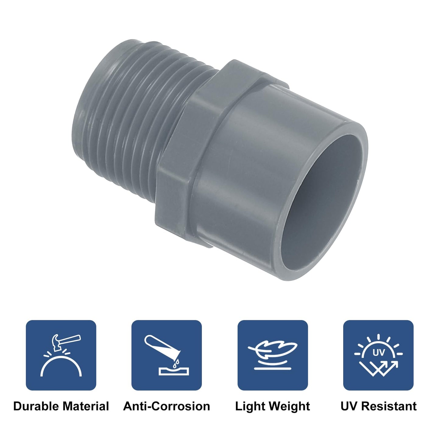 uxcell PVC Male Adapter Pipe Fitting, 10Pcs 3/4" 2-Way PVC Pipe Connectors with Sealant Tape (Socket x Male Thread), Hose Adapter Coupling for Plumbing Water Line (Grey)