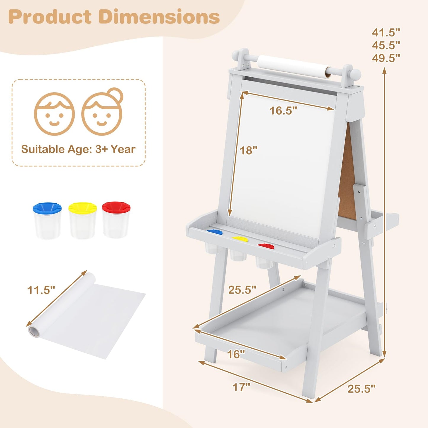 OLAKIDS Easel for Kids, 3 in 1 Adjustable Painting Art Board, Foldable Double-Sided Wooden Drawing Chalkboard Magnetic Whiteboard with Paper Roll, Storage Rack, Cups for Boy Girls (Gray)