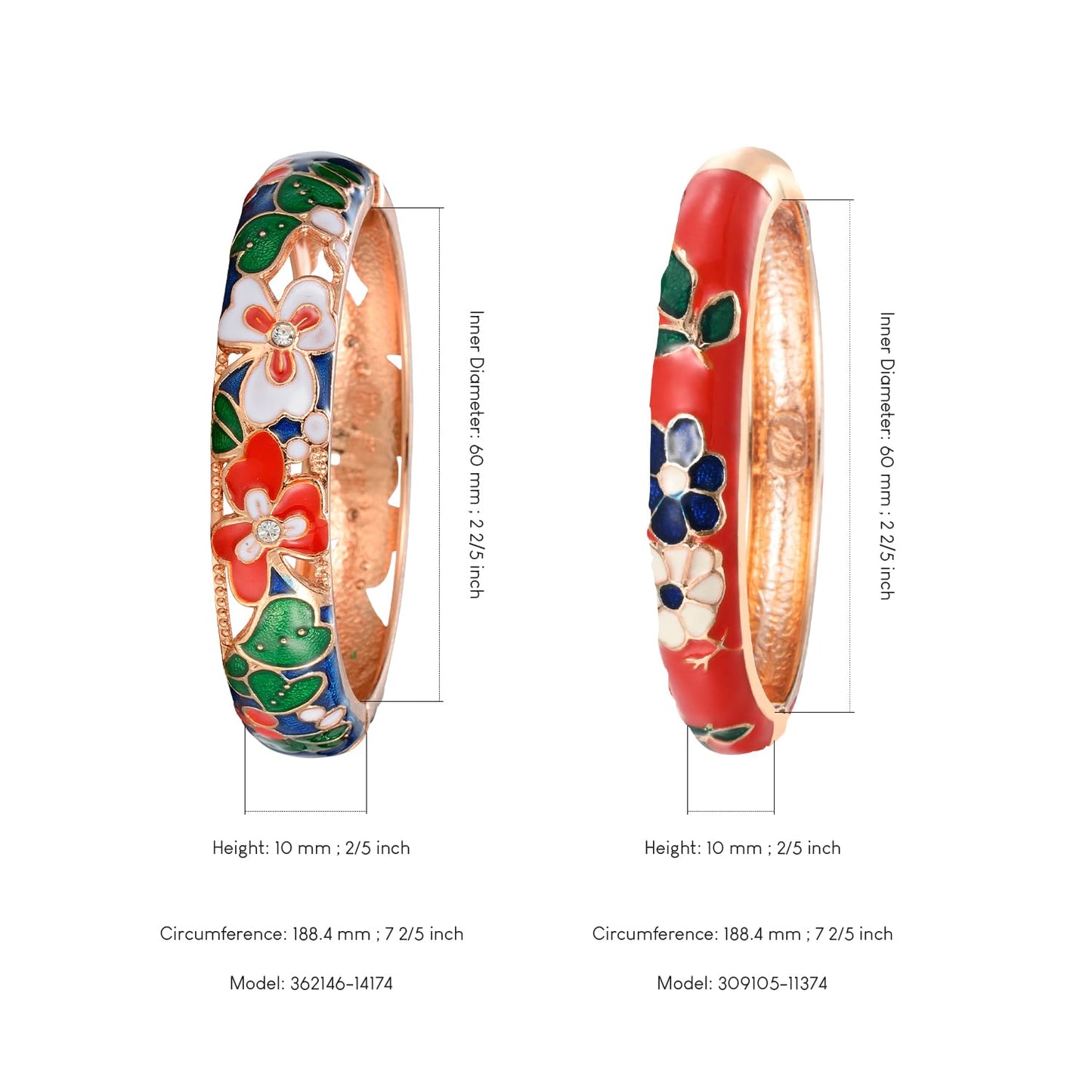 UJOY Vintage Cloisonne Jewelry Bracelet Plated Handmade Bead Rhinestones Enamel Spring Cuff Bangles 2 Pcs Set for Womens Gift 88A22-55A42 blue red