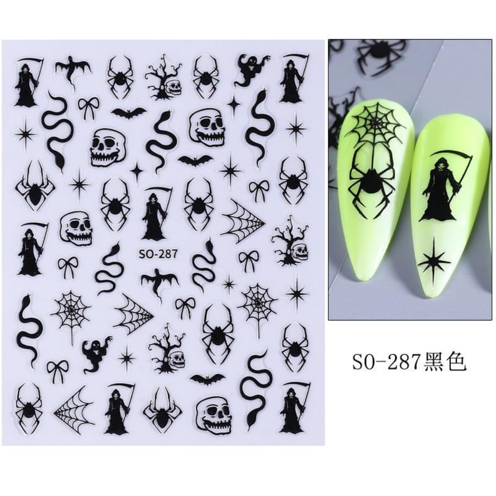 2 Sheets Halloween Nail Stickers Black Red Snake Nail Designs Self-Adhesive Spider Web Nail Decals Cute Bow Nail Art Stickers Skeleton Sticker Manicure Accessories for Women Girls DIY Acrylic Nails