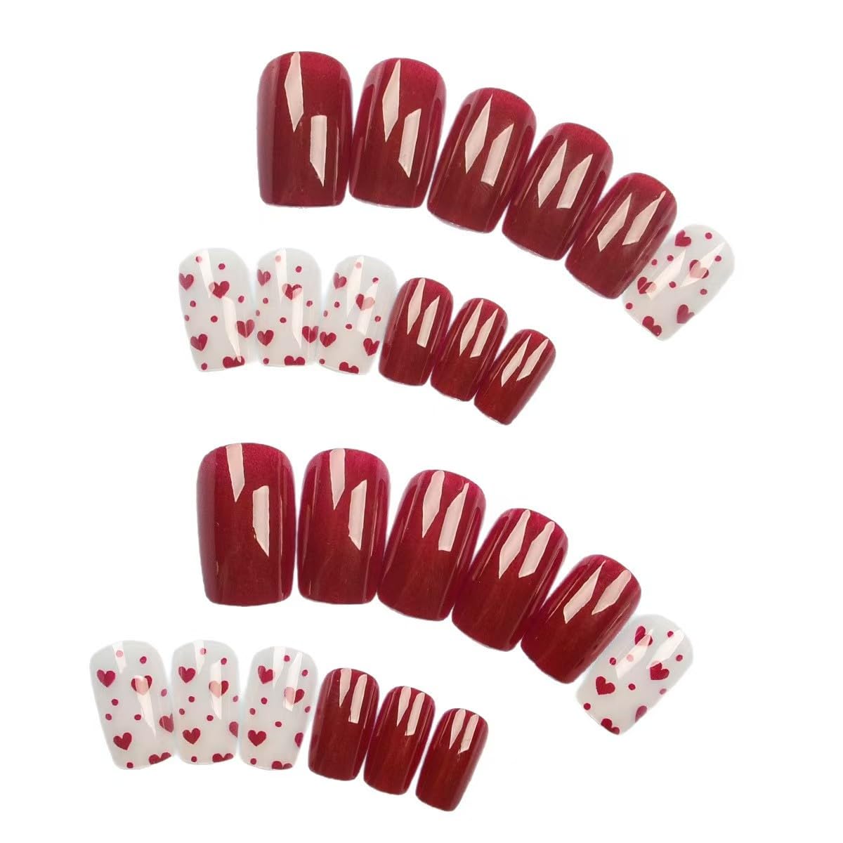 Red Press on Nails Square Medium Fake Nails with Heart Design Valentine's Day False Nails for Women 24 Pcs