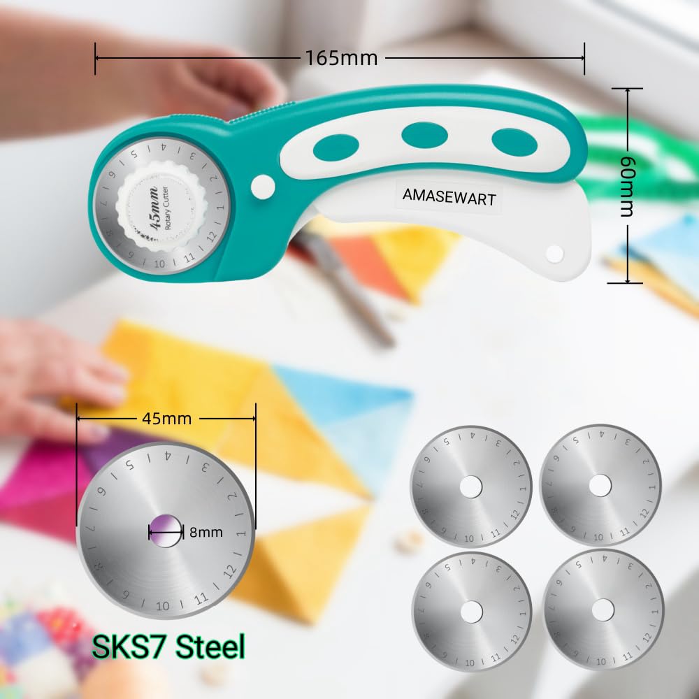 AMASEWART 45mm Rotary Cutter and Mat Set, Fabric Cutter Wheel and 12x18 Inch Self Healing Sewing Cutting Mat, Fabric Rotary Cutter with 5pcs Rotary Blades for Quilting Patchworking Crafts, Turquoise