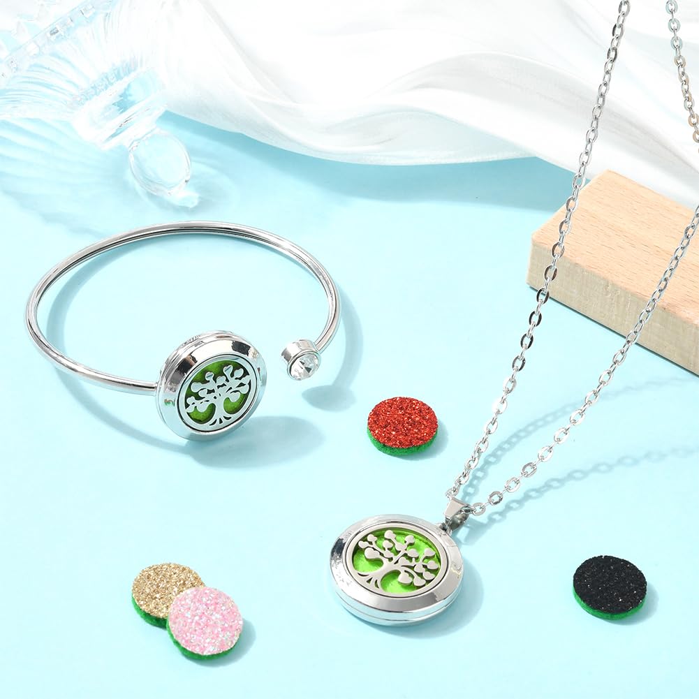 SUNNYCLUE 1Pc Essential Oil Diffuser Bracelet 1Pc Essential Oil Necklace with 10Pcs Refill Pads Tree of Life Stainless Steel Adjustable Bangle Bracelets Necklaces Aromatherapy Jewelry for Women Gift
