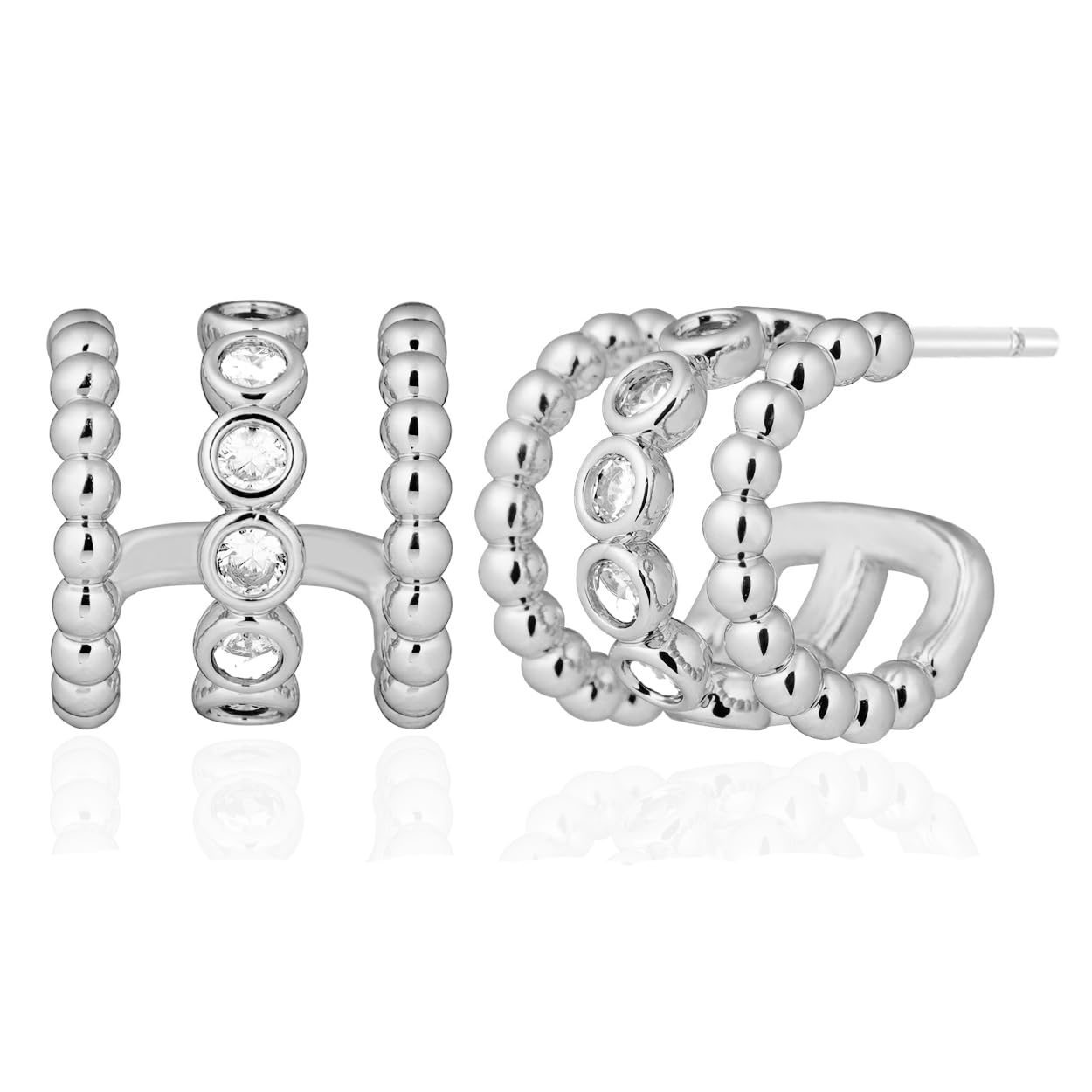 Obidos 14K Gold Plated Illusion Stud Earrings for Women | Triple Huggie Hoop Earrings for One Hole (Plated White)