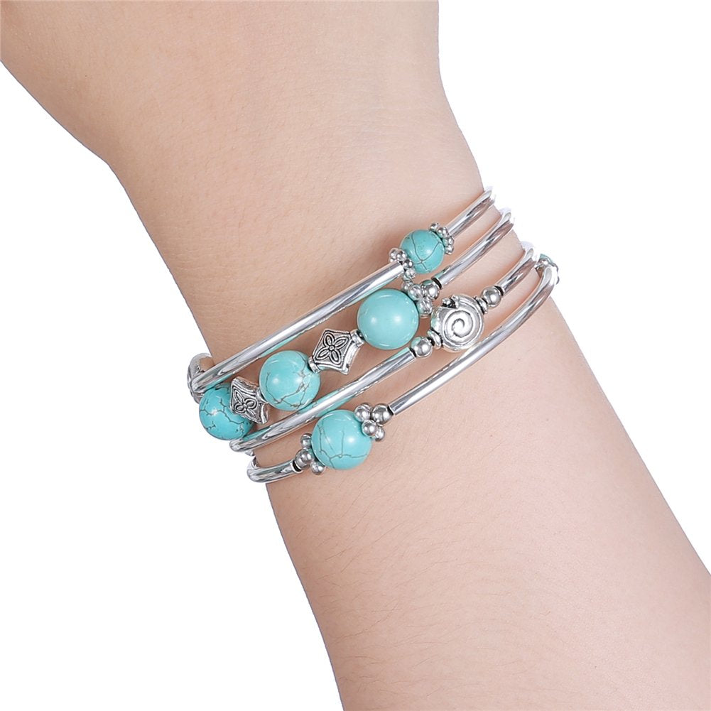 Beaded Pearl Bangle Wrap Bracelet - Fashion Bohemian Jewelry Multilayer Charm Bracelet with Thick Silver Metal Beads, Gift For Women(Turquoise)