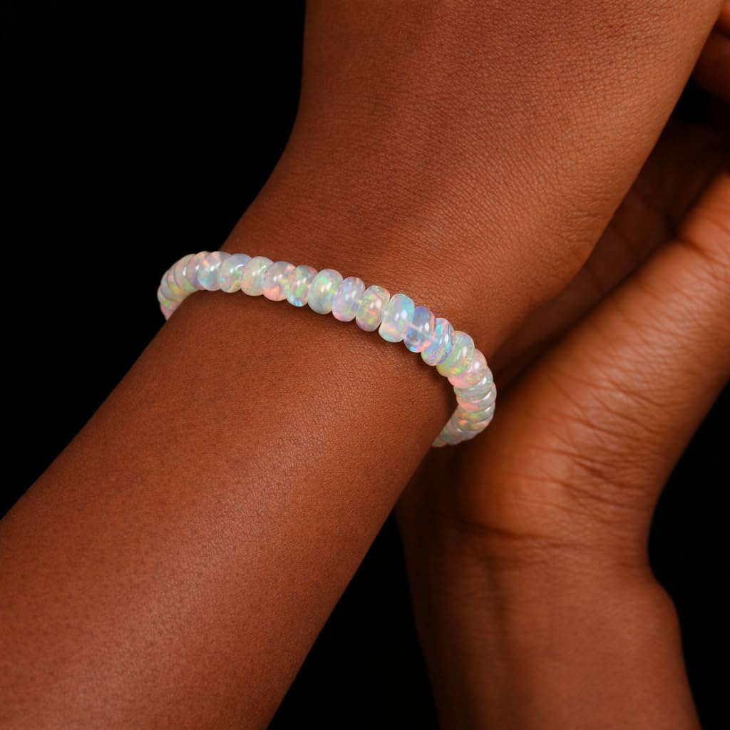 Natural Ethiopian Opal Stretchable Bracelet, Welo Fire, Smooth Beads Bracelet, Rondelle Shape, Milky White with Play-of-Color, 5 Inch