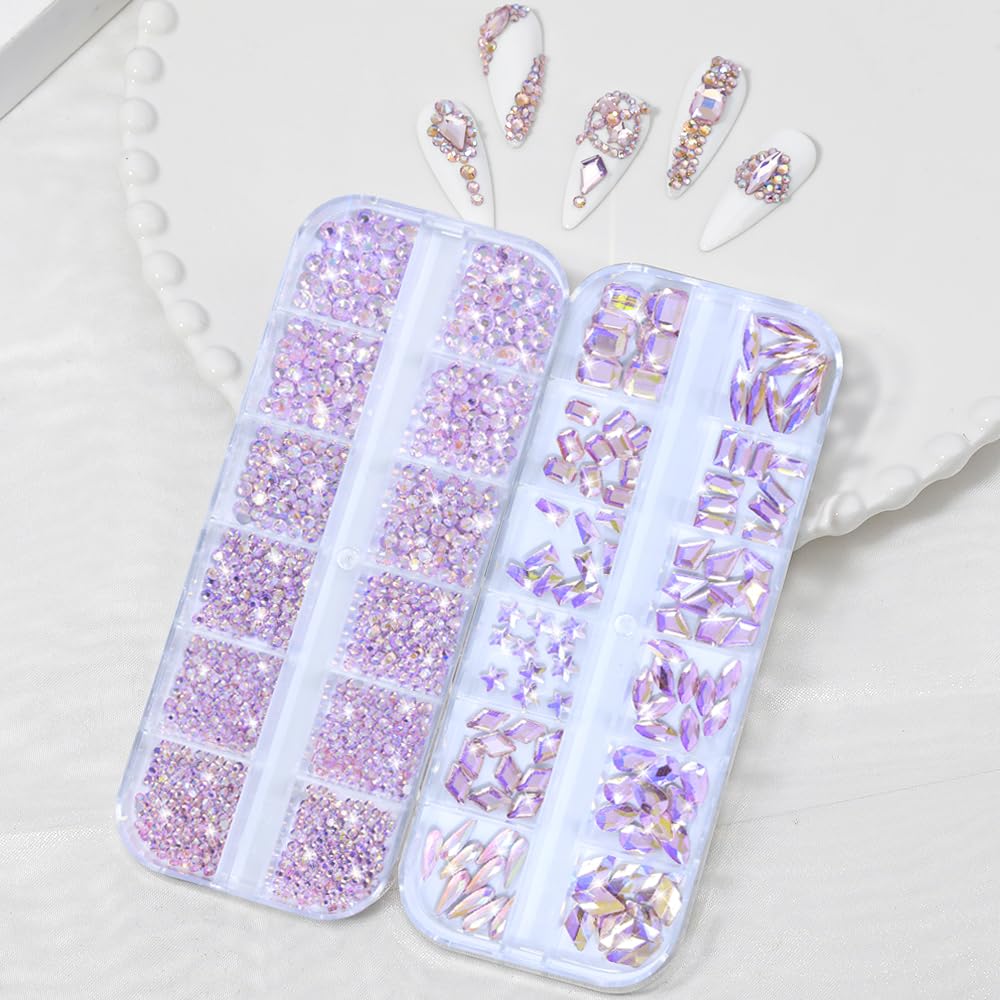 Nail Rhinestones - 3D Multi Shape Size, Crystal, Manicure Rhinestones Charms, Light Pink AB Nail Gems, Flat Back, with Kit, for Nail Art, DIY Decorations