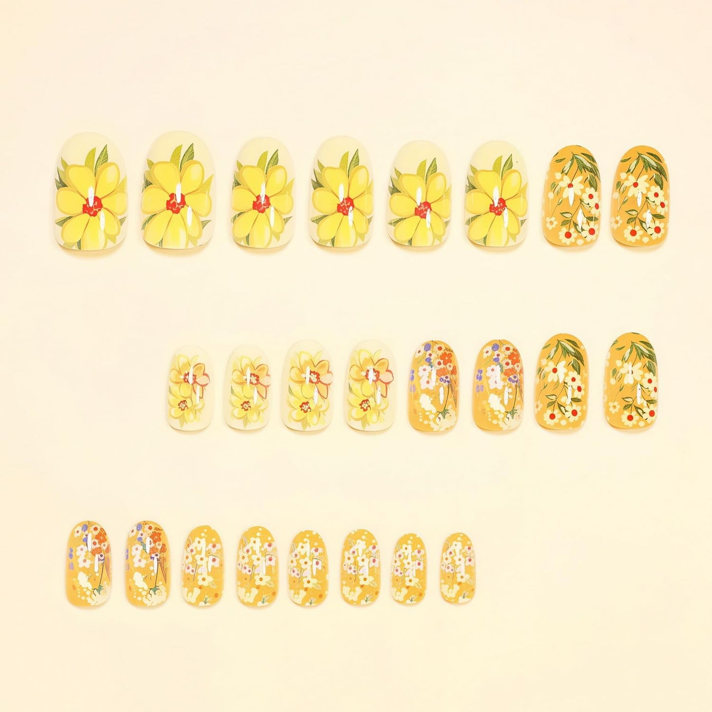 Summer Press on Nail Yellow Fake Nails with Floral designs Daisy False Nails Full Cover Medium Length Round Press ones Glossy Cute Glue on Nails for Women Manicure Decor24pcs