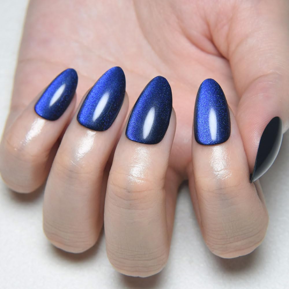 evpct Dark Blue Press on Nails Almond Short, Royal Blue Cat Eye Glitter Press on Nails for Women Gift, Soft Gel Press Stick on Nail with Nail Kit, Full Cover, 30Pcs Reusable Acrylic Fake Nails Kit