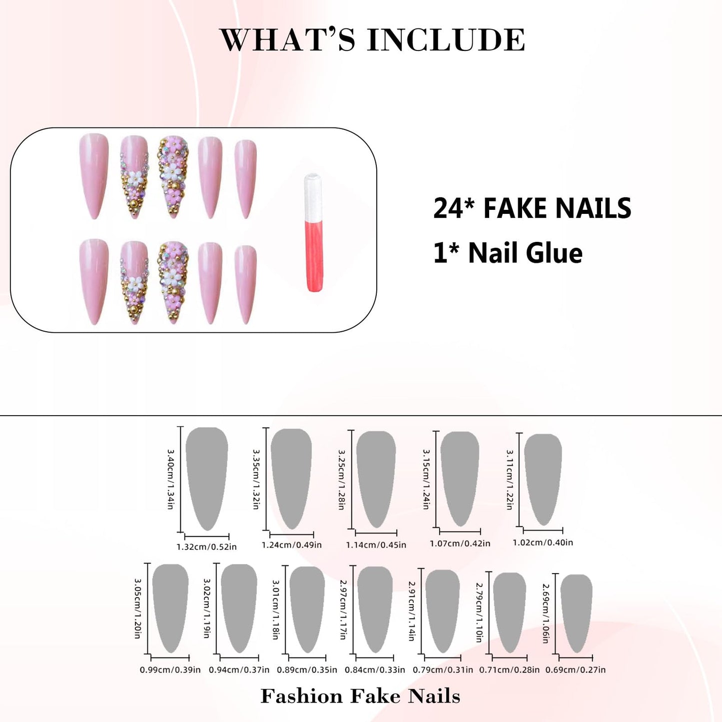 IMRAIN Long Press on Nails Stiletto Pink Fake Nails Rhinestone & Flower Designs Glossy Glue on Acrylic Nails Full Cover Luxury Bling Handmade Stick on False Nails for Women 24Pcs
