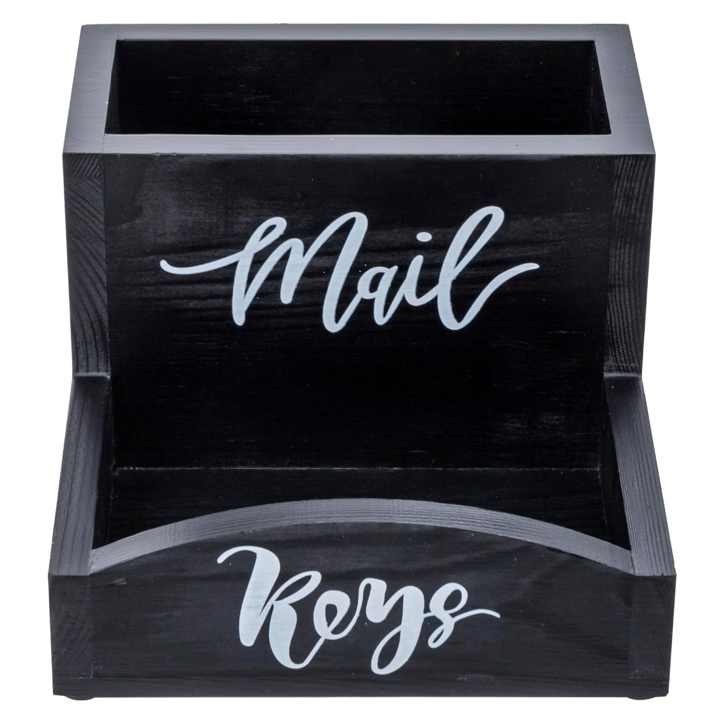 MyGift Urban Modern Mail Holder and Key Organizer Tray in Black Stained Solid Wood Finish, Entryway Storage Catchall with Cursive Mail and Keys Word Design, Office Desktop Organizing Bin