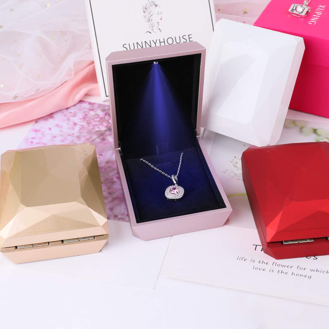 iSuperb LED Pendant Necklace Box Bracelet Box Couple Jewelry Gift Boxes Case Small Jewelry Display for Proposal Engagement Wedding (Pink)