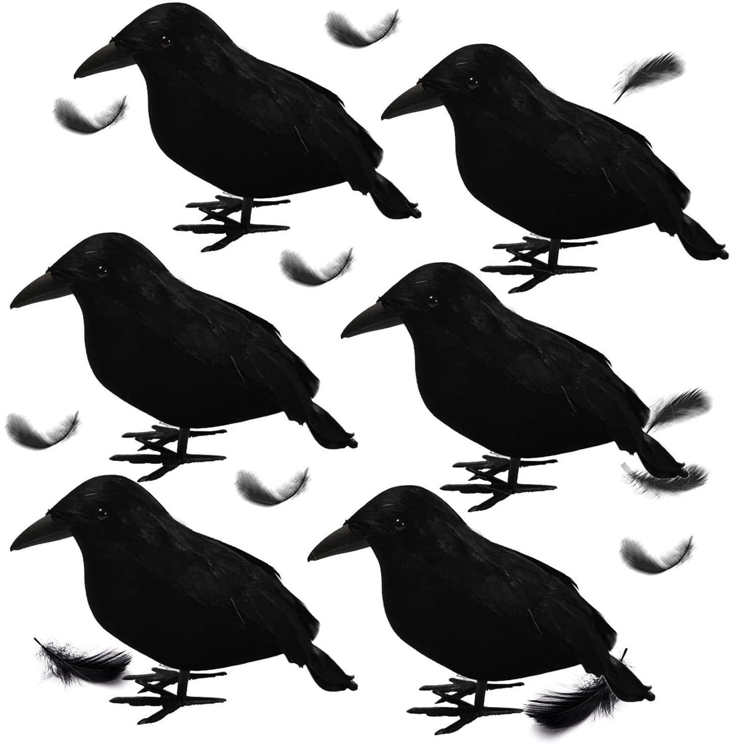 Wakdiz Halloween Realistic Black Crows 6 Pieces Handmade Feathered Crow Ravens, Fake Black Birds Prop Stand Crows for Halloween Outdoors and Indoors Crow Decoration