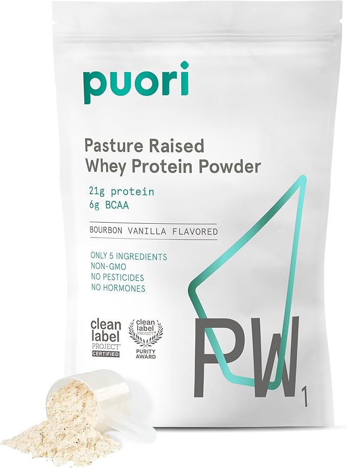 Puori Whey Protein Powder, Bourbon Vanilla - PW1 Pasture-Raised, Grass-Fed Whey Protein Powder Drink Mix containing BCAA Amino Acids - Post-Workout Supplement for Muscle Gain & Recovery - 30 Servings