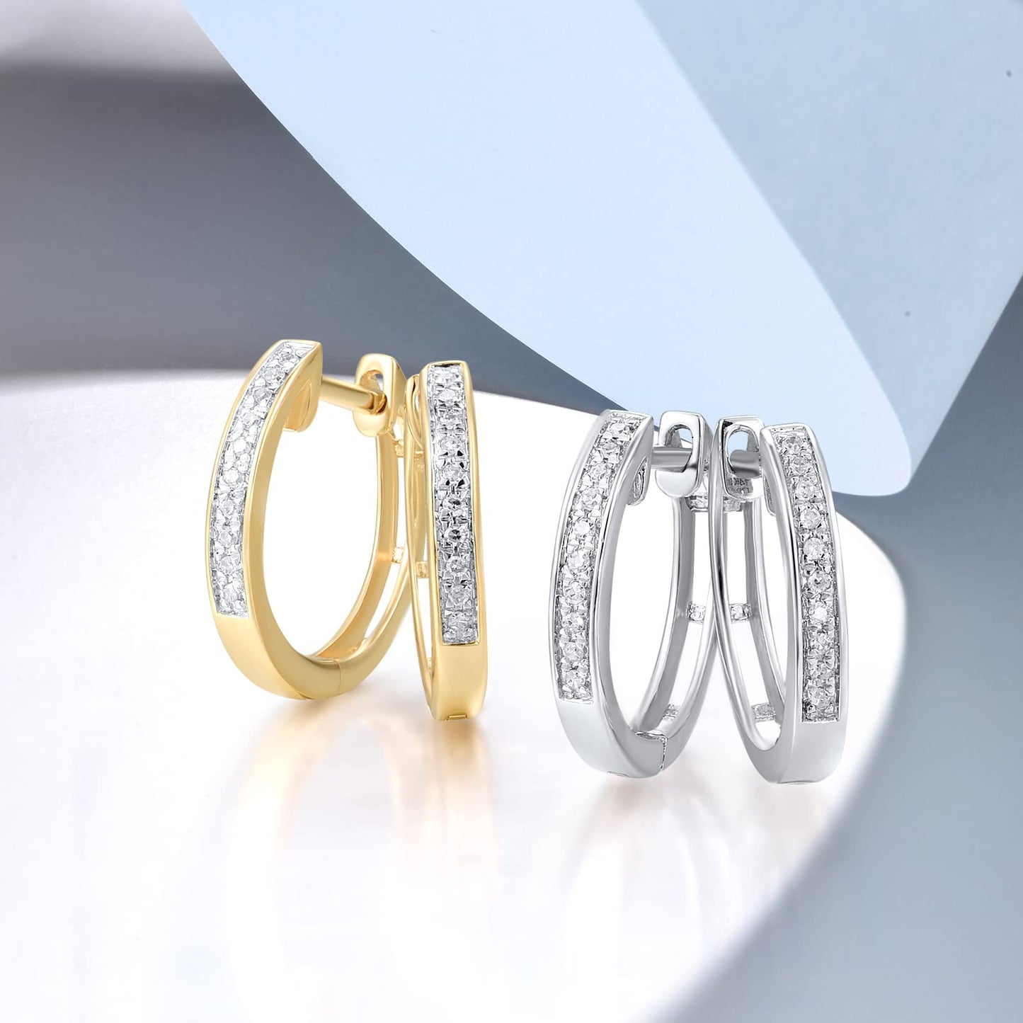 Santuzza 10K White Solid Gold Genuine Diamond Dainty Huggie Hoop Earrings for Women
