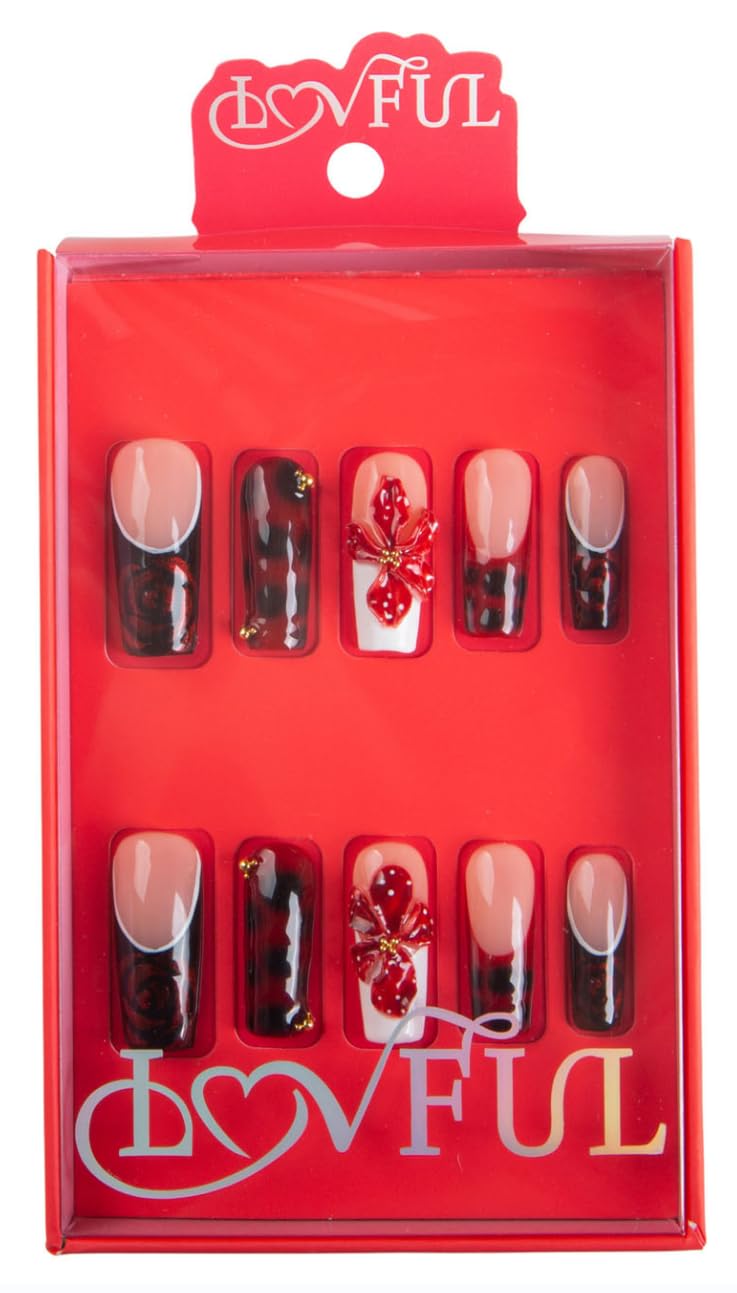 LOVFUL Reusable Press on Nails | Salon Quality Sustainable Style Handmade with Full Covered Crystals | Square Classic Regular 1.3 in | (Midnight Rose, M)