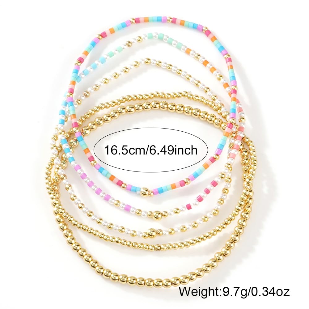 SHINUS BOHO 14K Gold Plated Blue Pink Beaded Bracelets Stack Set for Women,Stretch Stackable Cute Bohemian Colorful Fun Beads Ball Jewelry Friendship Summer Trendy
