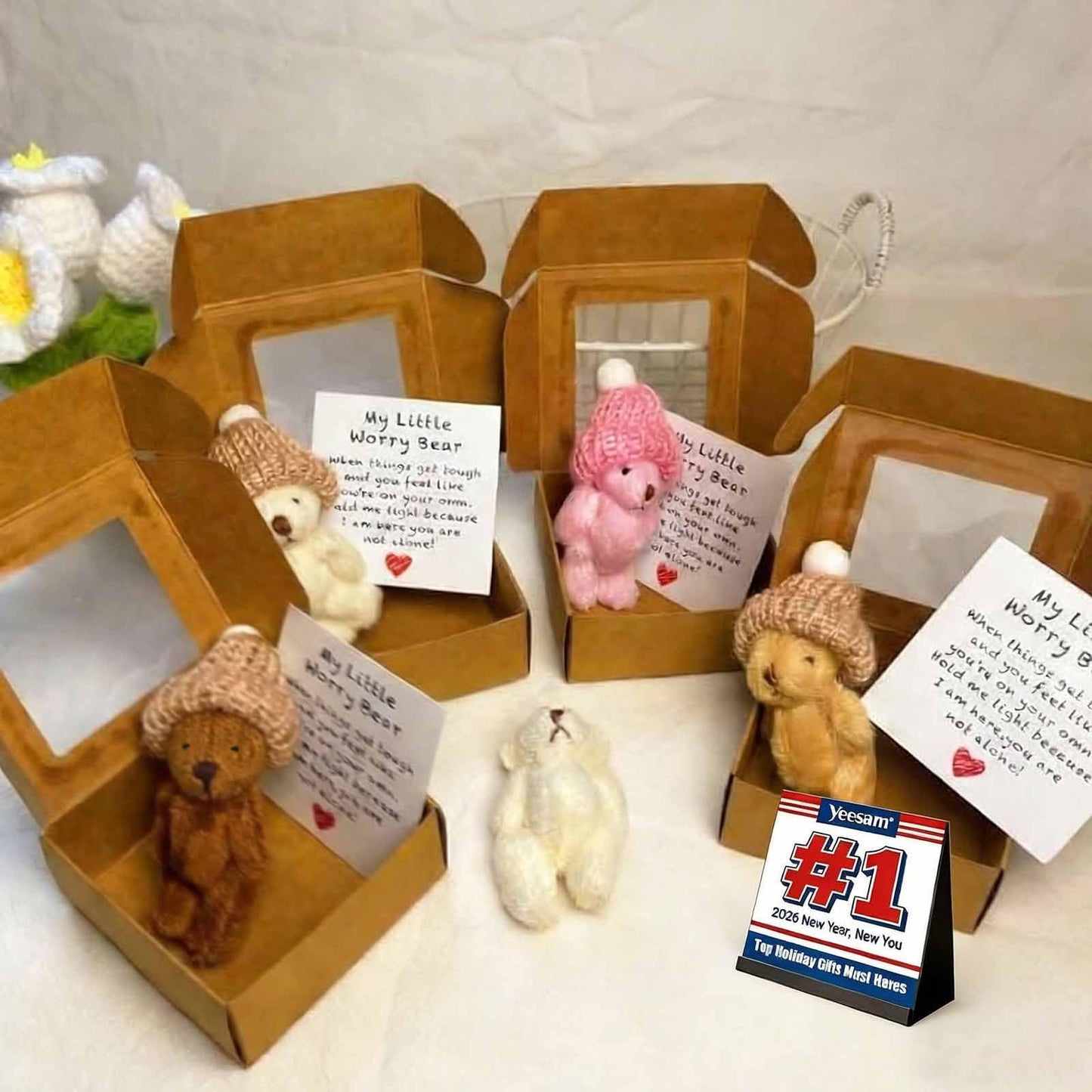 Handmade Mini Plush Teddy Bear in Box, Little Bear in A Box, My Little Worry Bears, Mini Pocket Bears Hug Plush with Emotional Uplifting Support Card, Soft Handmade Teddy Keepsake for Lovers(4pcs)