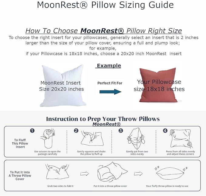 MoonRest® Synthetic Down Alternative 18x18 Square Pillow Insert Form, for Decorative Throw Pillow, Sofa, Cushions, Body and Bed - Pack of 2- Size 18“X 18”