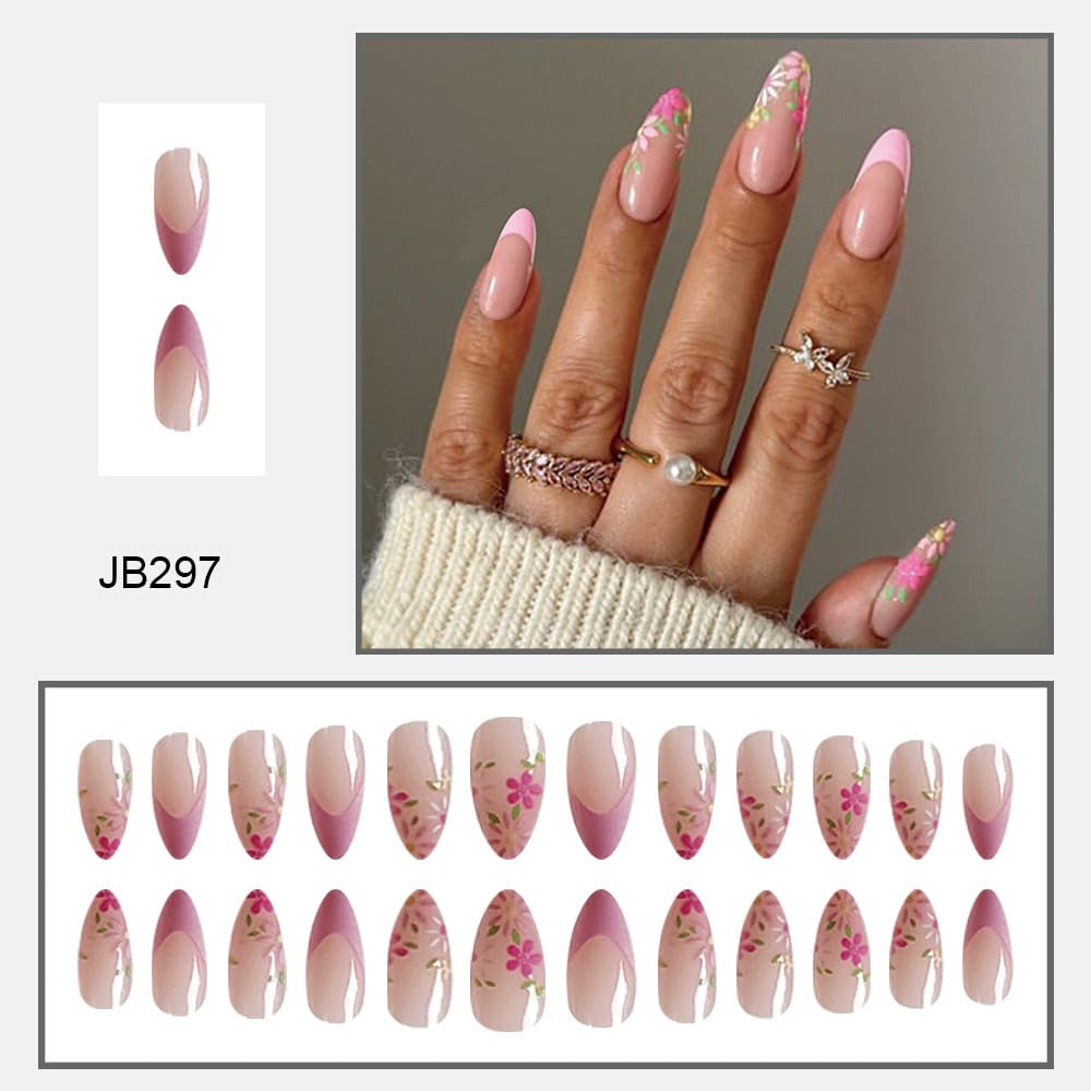 Pink French tips Press on Nails Medium Almond Fake Nails with Design Pink Flower Glue on Nails Glossy Daisy Fall Nails Reusable Summer False Nails for Women Girls Manicure 24pcs