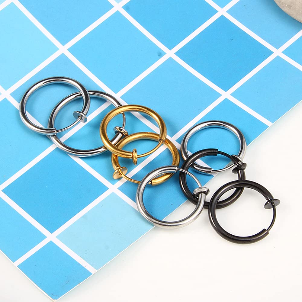 14 Pcs Silver Punk Stainless Steel Fake Piercing Spike Rivet Cross Triangle Dangle Tassel Clip on Hoop Earrings Set for Women Men, Non Pierced Fake Stud Earrings (Silver-Set A)