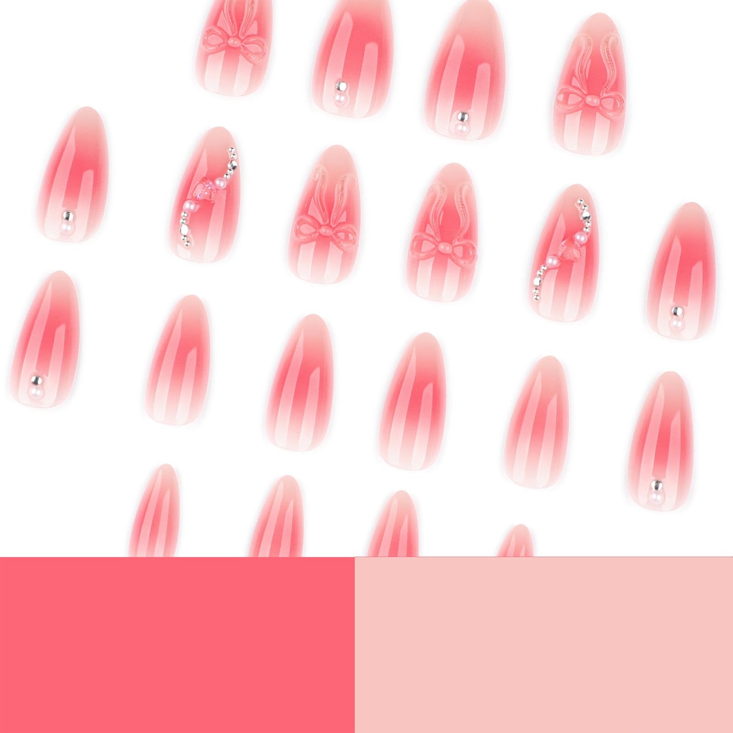 Mivota Pink Ombre Soft Gel Press On Nails 24PCS – 3D Bow Almond Fake Nails with Rhinestones, Glossy Reusable Glue On Nails for Women, Salon Quality Cute Natural Gradient Nail Tips