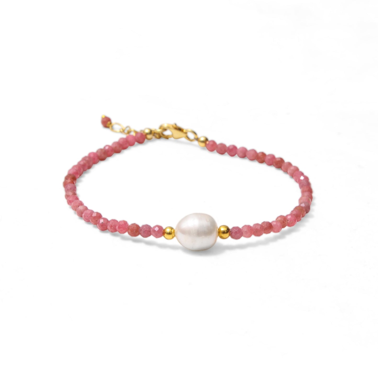 A&M Gems 2.5-3 mm Natural Rhodochrosite Round Faceted Beaded Bracelet with Pearl Crystal Jewelry, Brass Gold Plated Bracelet, 1-Inch Adjustable Chain, Handmade Bracelet, 7-Inch, Gifts for Women