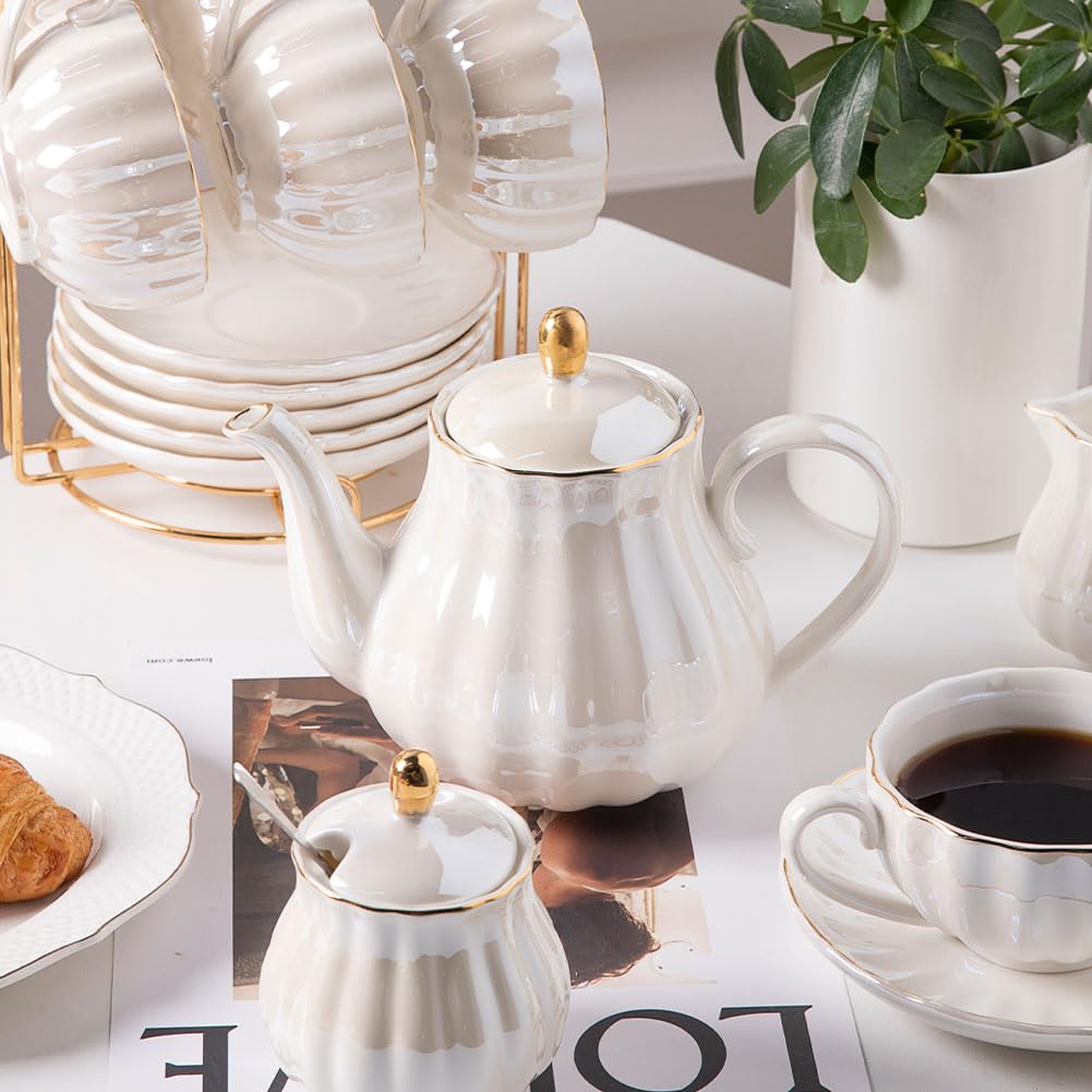 Sweejar Porcelain Tea Sets British Royal Series, 8 OZ Cups& Saucer Service for 6, with Teapot Sugar Bowl Cream Pitcher Teaspoons and tea strainer for Tea/Coffee (Coral White)