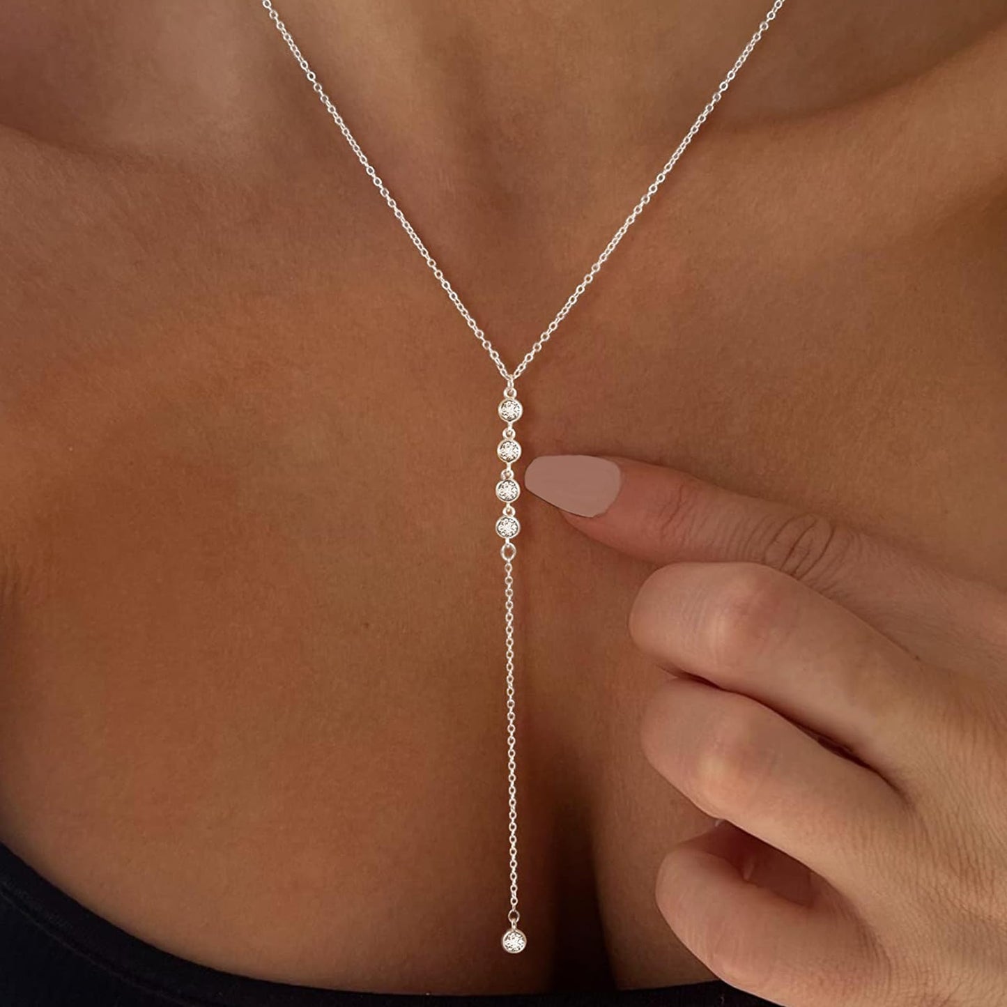 Airmb Long Silver Necklace for Women - Dainty Silver Drop Lariat Necklace Trendy Simple CZ Y-Shaped Body Chain Wedding Prom Dangle Statement Necklace Jewelry Gifts