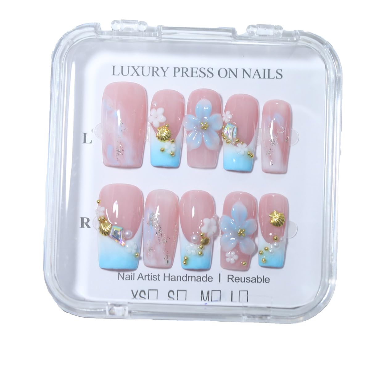 10Pcs Long Coffin Handmade Press On Nails | Easy Apply & Remove, Reusable Salon Quality Nails | Fresh Summer Pink Blue Fake Nails with 3D Flower, Gold Seashell & Rhinestone French Accents(O907, M)