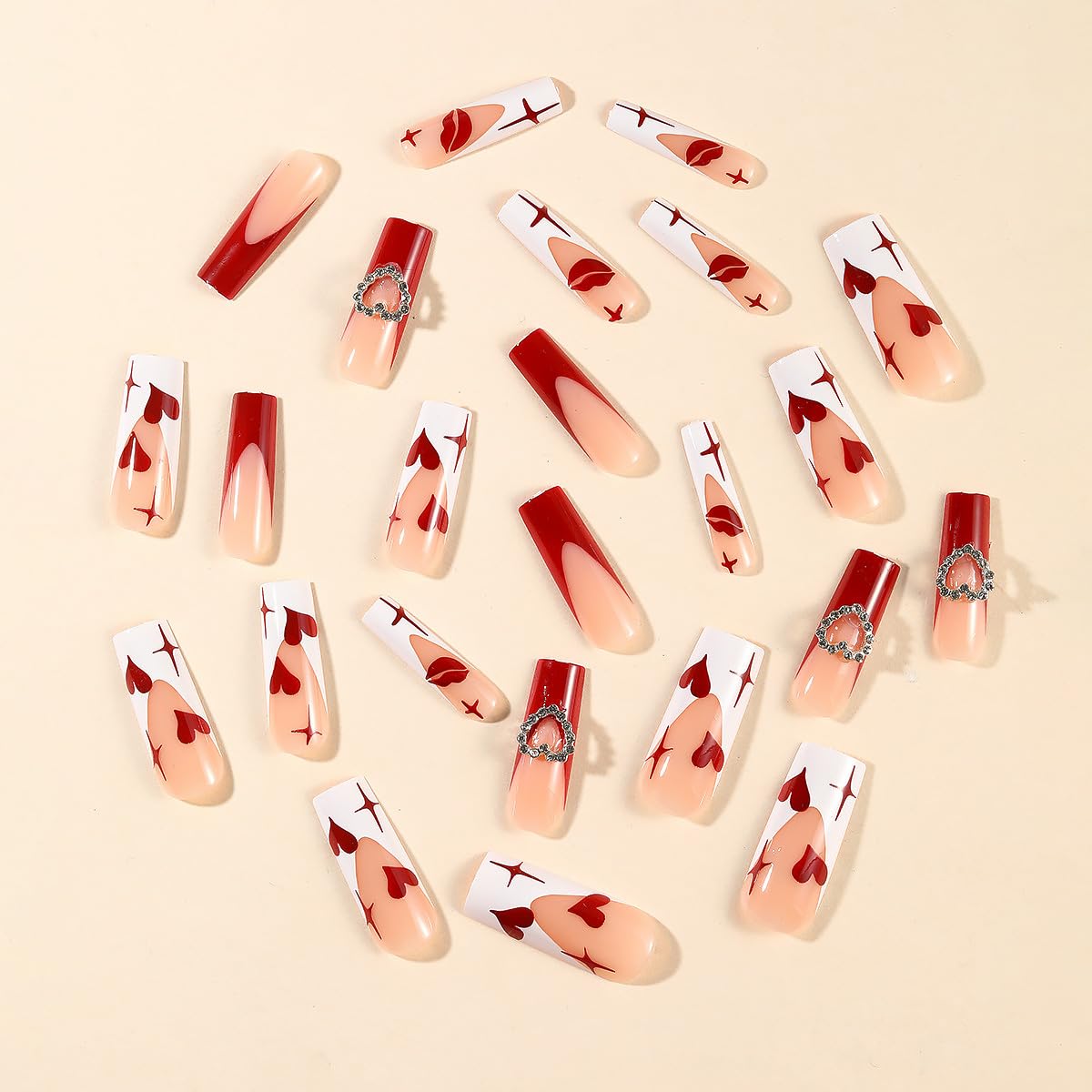 24Pcs Valentine's Day Press on Nails Medium Coffin French Tip Fake Nails with Silver Heart Rhinestones Design Full Cover Artificial Glue on Nails Red Star False Nails White Stick on Nails for Women