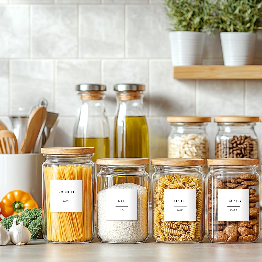 Kuocodall 288 Pantry Labels for Food Containers, Preprinted Minimalist Waterproof Stickers for Organizing Storage Bins, Jars and Kitchen
