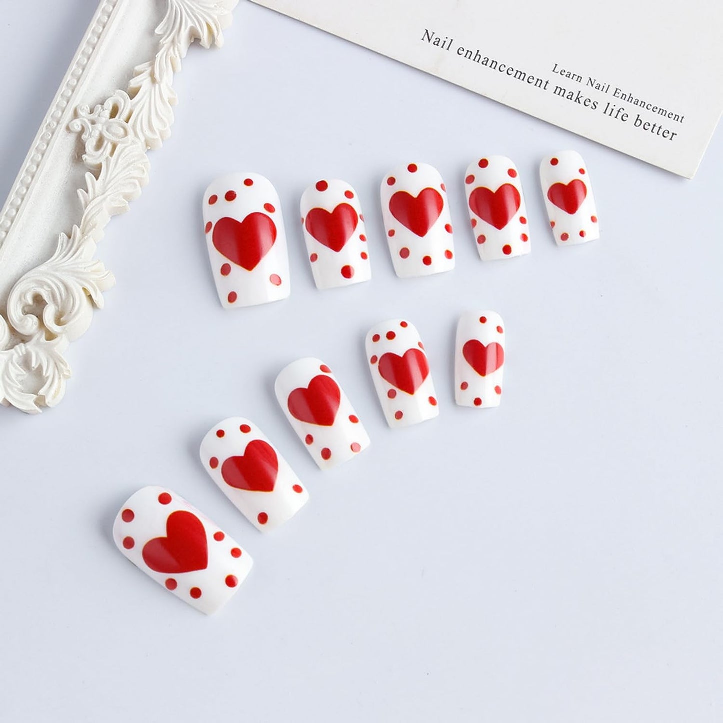 Valentine Day Press on Nail Medium Length Square Fake Nails Red Heart designs Stick on Nail Glossy Full Cover White Press ones Polka Dot Acrylic False Nails Reusable Glue on Nails for Women 24pcs