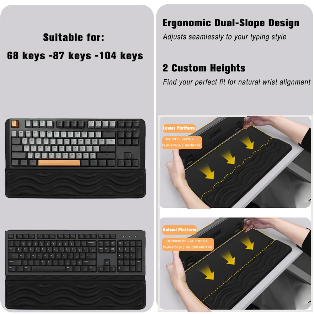 TCOINERY Keyboard Wrist Rest, Mouse Pad Set with Ergonomic Tilted, Memory Foam Pad for Pain Relief, Wrist Rest for Computer Keyboard, Comfortable Typing Support for Office, Home & School, Black