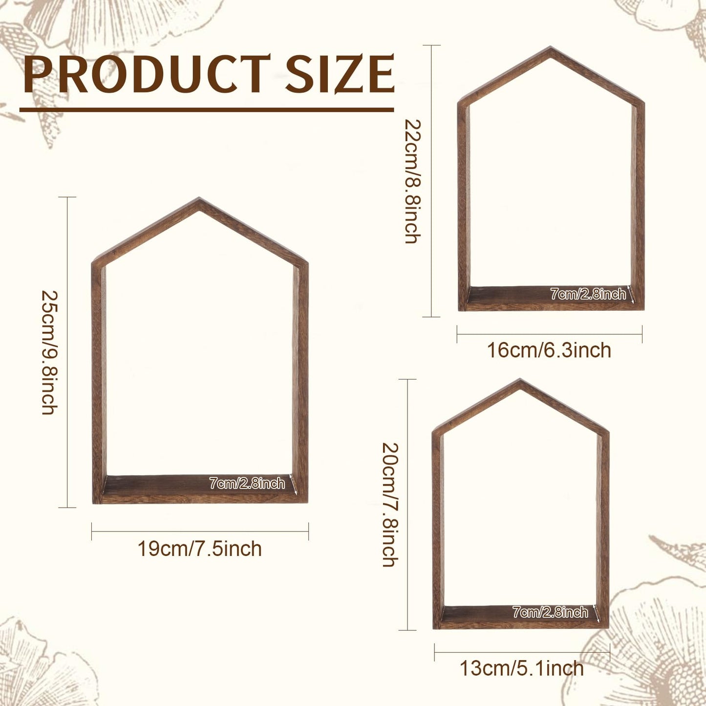 Threehoney 3 Set Wall Shelf 9.8 x 7.1 Inch Wooden Hanging Shelf Deep Display Storage Shelves Floating Shelves for Home Office Room Mini Figures Potted Plants Wall Decor(House,Brown)
