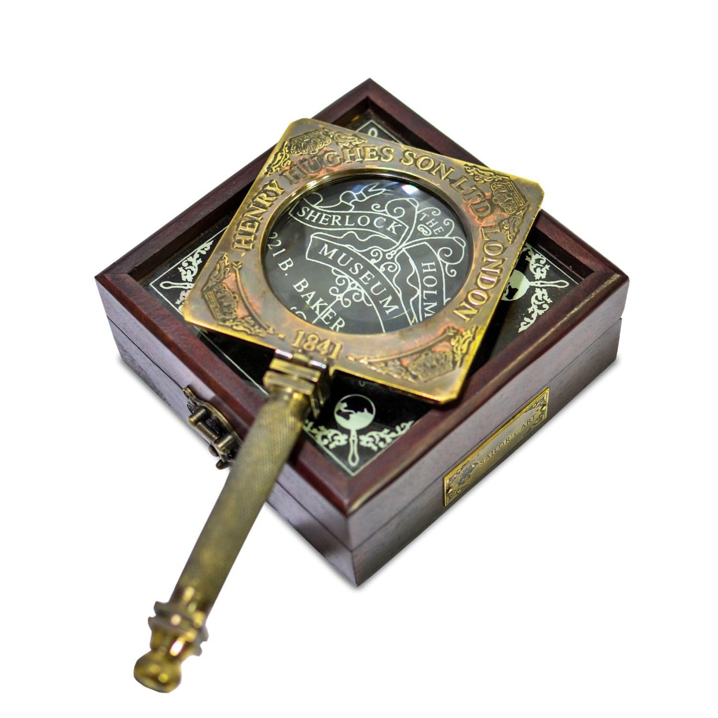 Sailor's Art Antique Brass Sherlock Holmes Fancy Magnifying Glass Handheld Decorative Handle with Wooden Box- Consulting Detective Home Decor- Decorative Design Science Students Detective kit
