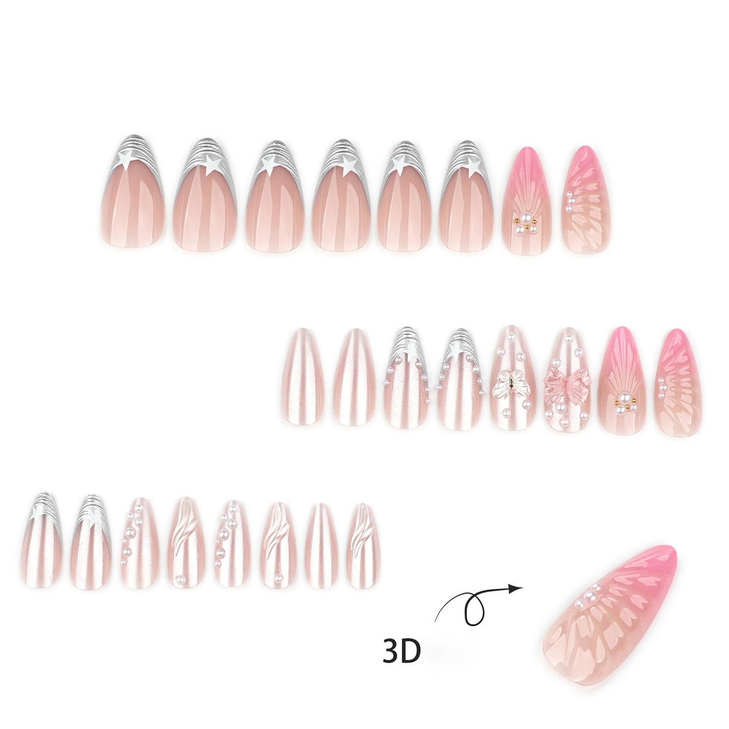 Silver French Press On Nails Medium Almond Fake Nail With Pearls Butterfly Design Nail Press Ons Star Bow Glue On Nails Pink Glossy False Acrylic Nails For Women